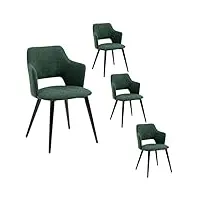 meuble cosy lot de 4 chaises de salle à manger rétro fauteuil avec accoudoirs assise rembourrée en tissu pieds en métal pour cuisine salon chambre bureau, acier allié, vert, 48x54,5x80cm