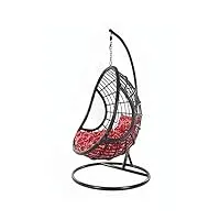 kideo® ensemble complet : grand fauteuil suspendu avec armature & coussins, intérieur & extérieur, poly rotin, noir (coussins : rouge à motifs chesterstepp (3088 red frizzy), panier & armature :