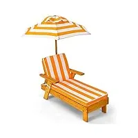 costway chaise longue pour enfants, chaise longue en bois avec coussin et parasol amovible, pour enfants de 3-8 ans, 92 x 49 x 106cm, charge max 50kg, rayures jaunes et blanches