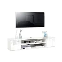 meerviel - meuble tv suspendu - meuble télé avec 2 etagères et 2 portes bois avec rangement pour salon chambre, 140 x 32 x 30cm blanc brillant