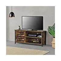 meuble tv design support télé banc avec compartiment à porte persienne et 2 Étagères panneau de particules pieds en fer 49 x 110 x 30 cm effet bois foncé
