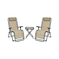 costway lot de 2 chaises longues et table, chaises longues inclinables avec oreillers amovibles et table pliable avec porte-gobelet, structure en acier et tissu en textilène, charge max 140kg (beige)