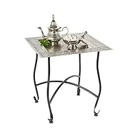 table d'appoint marocaine en métal sule de 42 cm - rectangulaire - petite table à thé ronde orientale avec structure pliable noire - le plateau est oriental en argent