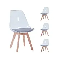 benyled lot de 4 chaises de salle à manger de style scandinave, design rétro, chaises latérales en acrylique transparent, chaise en cristal avec coussin d'assise en lin (gris)