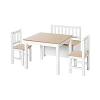 homcom ensemble de table et chaises enfant - set de 4 pièces - table, 2 chaises, banc coffre 2 en 1 - mdf pin blanc bois clair