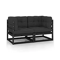 vidaxl canapé 2 places de jardin avec coussins sofa de terrasse canapé d'extérieur meuble de terrasse meuble d'extérieur noir bois de pin solide