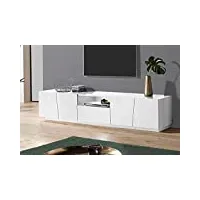 dmora meuble tv de salon, made in italy, meuble tv avec 4 portes et 1 tiroir, 220x43h46 cm, couleur blanc brillant, avec lumière led blanche