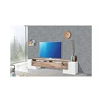 dmora meuble tv de salon, made in italy, meuble tv avec 3 portes et étagères, 210x45h45 cm, couleur blanc brillant et érable
