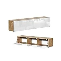 platan - meuble tv bas - 105/140/160/210/280 - en chêne blanc brillant - À suspendre ou à poser (140 x 30 x 32 cm)
