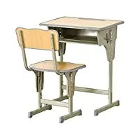 homcom bureau enfant vintage style pupitre d'écolier - ensemble bureau et chaise réglable - case de rangement, bracket, range-stylos - acier kaki mdf aspect bois clair