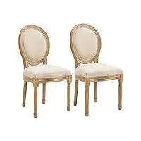 homcom lot de 2 chaises de salle à manger - chaise de salon médaillon style louis xvi - bois massif sculpté, patiné - aspect lin beige