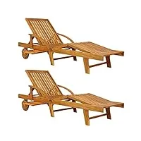 casaria 2x chaise longue tami sun en bois d'acacia 200cm set de transat avec roues pour extérieur jardin terrasse