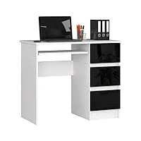 adgo a-6 clp bureau d'ordinateur avec 3 tiroirs 90x77x50cm, plateau de clavier extensible, pour travail, étude, chambre d'enfant, design simple, rectangulaire, pour apprendre (droit, noir brillant)