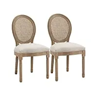 homcom lot de 2 chaises de salle à manger - chaise de salon médaillon style louis xvi - bois massif sculpté, patiné - dossier cannage - aspect lin beige
