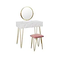 eugad coiffeuse table avec tabouret velours et miroir pivotant à 360°,table cosmétique à 2 tiroirs effet 3d,blanc+or 0042szt