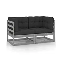 vidaxl canapé 2 places de jardin avec coussins sofa de terrasse canapé d'extérieur meuble de terrasse meuble d'extérieur gris bois de pin solide
