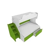 mobilfino camerette smart120 lit superposé avec lit inférieur d'une place et demie avec échelle de rangement autonome - blanc et vert pomme, avec tiroirs amovibles
