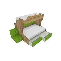 mobilfino camerette smart120b- lit superposé avec balustrade rétro et lit inférieur d'une place et demie avec étagère de rangement, chêne et vert pomme, avec tiroirs amovibles