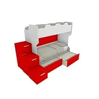 mobilfino camerette smartg - lit superposé avec échelle de rangement et deuxième lit amovible (ou coffrets en alternative) - blanc et rouge avec tiroirs amovibles