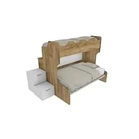 mobilfino camerette smart120b- lit superposé avec balustrade rétro et lit inférieur d'une place et demie avec étagère, coffre – chêne et blanc, sans lit extractible