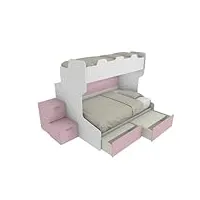mobilfino camerette smart120b- lit superposé avec balustrade rétro et lit inférieur d'une place et demie avec étagère, boîte de rangement, blanc et poudré, avec tiroirs amovibles