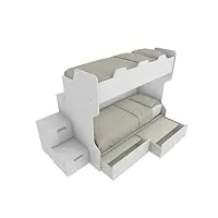 mobilfino camerette smartb - lit superposé avec balustrade rétro, échelle de rangement à tiroirs autonome, blanc, avec tiroirs amovibles