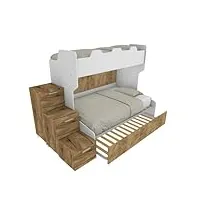 mobilfino camerette smart120g - lit superposé avec sommier de 120 places et lit 1 place supérieure, avec tiroir. - blanc et chêne avec lit gigogne