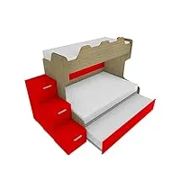 mobilfino camerette smart120g - lit superposé avec sommier de 120 places et lit 1 place supérieur, marqué à tiroirs. - chêne et rouge avec lit amovible