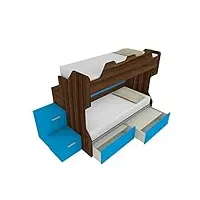 mobilfino camerette smartb – lit superposé avec balustrade arrière, échelle de rangement à tiroirs autonome – noyer canaletto et turquoise, avec tiroirs amovibles