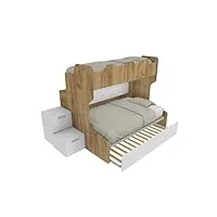 mobilfino camerette smart120b- lit superposé avec balustrade rétro et lit inférieur pour une place et demie, avec boîte de rangement, chêne et blanc, avec lit amovible