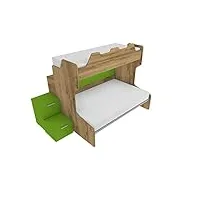 mobilfino camerette smart120b- lit superposé avec balustrade rétro et lit inférieur pour une place et demie, avec boîte de rangement, chêne et vert pomme, sans lit amovible