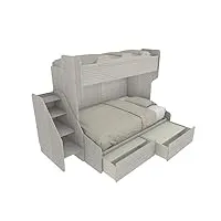 mobilfino camerette smart120 lit superposé avec lit inférieur d'une place et demie avec échelle de rangement indépendante - chêne rock avec tiroirs extractibles