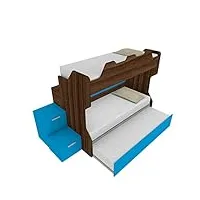 mobilfino camerette smartb – lit superposé avec balustrade arrière, échelle de rangement à tiroirs autonome – noyer canaletto et turquoise, avec lit amovible
