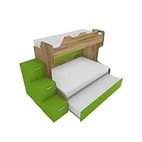 mobilfino camerette smart120g - lit superposé avec sommier 120 places et lit 1 place supérieur, marqué à tiroirs. - chêne et vert pomme, avec lit amovible