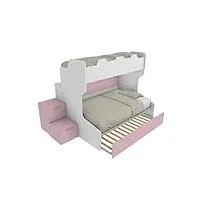 mobilfino camerette smart120b- lit superposé avec balustrade rétro et lit inférieur pour une place et demie, avec boîte de rangement, blanc et poudré, avec lit amovible