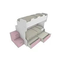 mobilfino camerette smartb - lit superposé avec balustrade rétro, échelle de rangement à tiroirs autonome, blanc et poudré, avec tiroirs amovibles