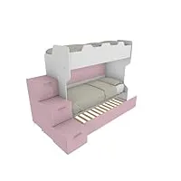 mobilfino camerette smartg - lit superposé avec échelle de rangement et second lit gigogne (ou coffre en alternative) - blanc et poudré, avec lit amovible