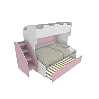 mobilfino camerette smart120 lit superposé avec lit inférieur d'une place et demie avec échelle de rangement indépendante - blanc et poudré, avec lit amovible