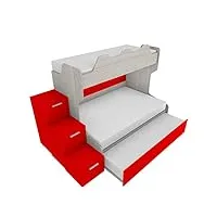 mobilfino camerette smart120g - lit superposé avec sommier de 120 places et lit 1 place supérieur, marqué à tiroirs. - chêne rock et rouge avec lit amovible
