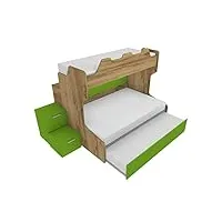 mobilfino camerette smart120b- lit superposé avec balustrade rétro et lit inférieur pour une place et demie, avec boîte de rangement, chêne et vert pomme, avec lit amovible