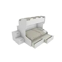 mobilfino camerette smart120b lit superposé avec balustrade rétro et lit inférieur à une place et demie avec étagère de rangement blanche avec tiroirs amovibles