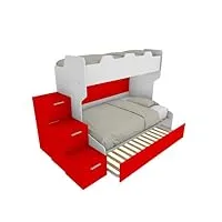 mobilfino camerette smart120g - lit superposé avec sommier de 120 places et lit 1 place supérieure, avec tiroirs. - blanc et rouge, avec lit amovible