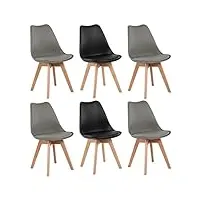 eggree - lot de 6 chaises pour salle à manger/bureau, avec pieds en hêtre massif, sans accoudoirs, rembourrées, au design pour un confort maximum, 2 noir + 4 gris