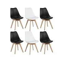 eggree - lot de 6 chaises pour salle à manger/bureau, avec pieds en hêtre massif, sans accoudoirs, rembourrées, au design pour un confort maximum, 2 blanc + 4 noir