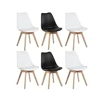 eggree - lot de 6 chaises pour salle à manger/bureau, avec pieds en hêtre massif, sans accoudoirs, rembourrées, au design pour un confort maximum, 2 noir + 4 blanc