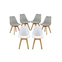 eggree - lot de 6 chaises pour salle à manger/bureau, avec pieds en hêtre massif, sans accoudoirs, rembourrées, au design pour un confort maximum, 2 blanc + 4gris