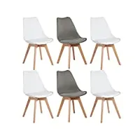 eggree - lot de 6 chaises pour salle à manger/bureau, avec pieds en hêtre massif, sans accoudoirs, rembourrées, au design pour un confort maximum, 2 gris + 4 blanc