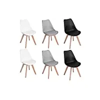 h.j wedoo lot de 6 chaises modernes avec pieds en hêtre et siège rembourré pour cuisine, bureau, bar, salon - 2 blanc + 2 gris + 2 noir