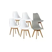 h.j wedoo lot de 6 chaises modernes avec pieds en hêtre et siège rembourré pour cuisine, bureau, bar, salon - 4 blanc + 2 gris