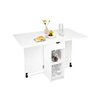 mondeer table à manger pliable, table de cuisine pour petits espaces avec 1 tiroir et 2 etagères de rangement, pour salle à manger cuisine, 72 x 120 x 75 cm,blanc